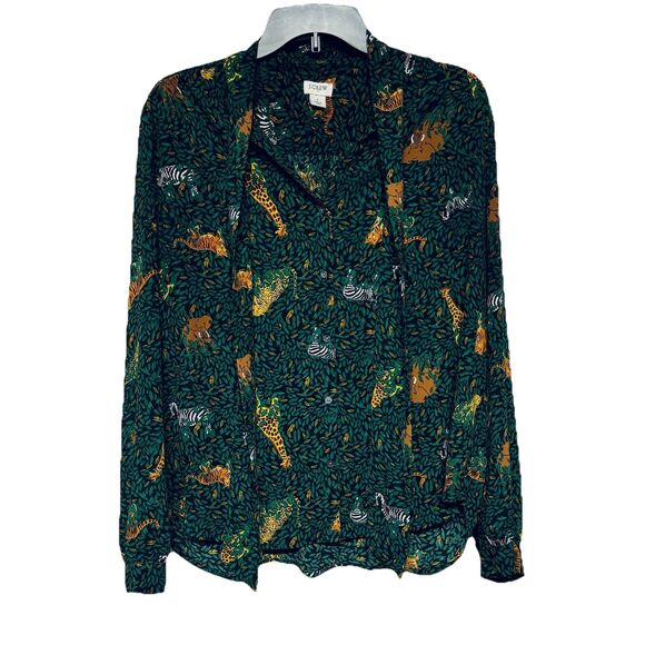 J Crew Emerald Green Safari Jungle Print Blouse w Attached Scarf / Bow Large - Picture 3 of 7